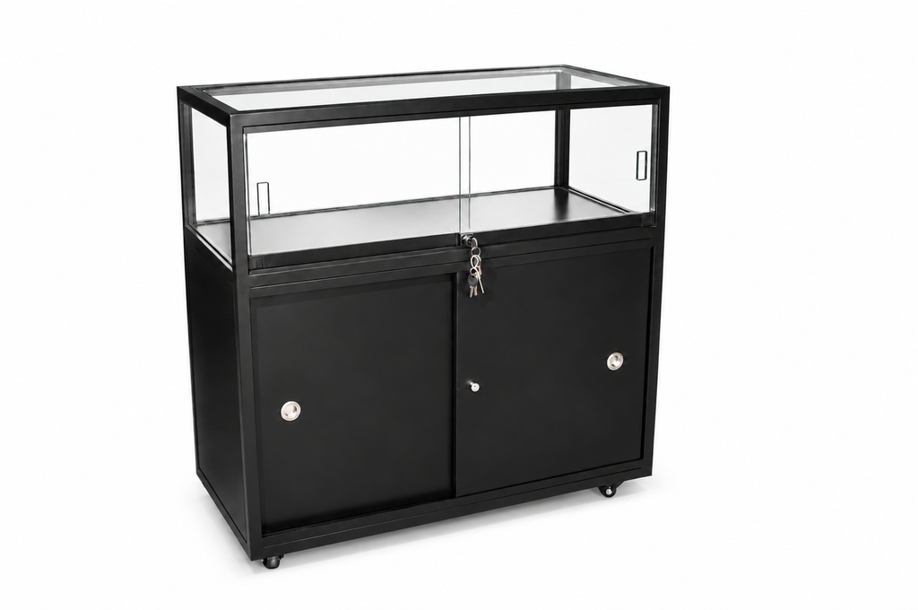 Messetheke Vitrine schwarz mit Beleuchtung und Regal (Miete)