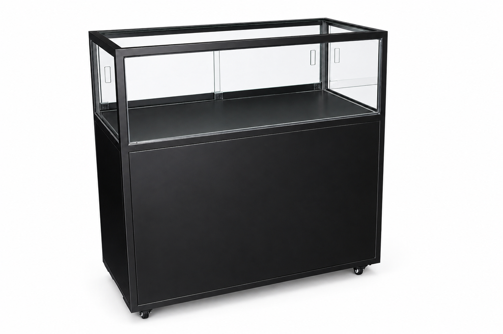 Messetheke Vitrine schwarz mit Beleuchtung und Regal (Miete)